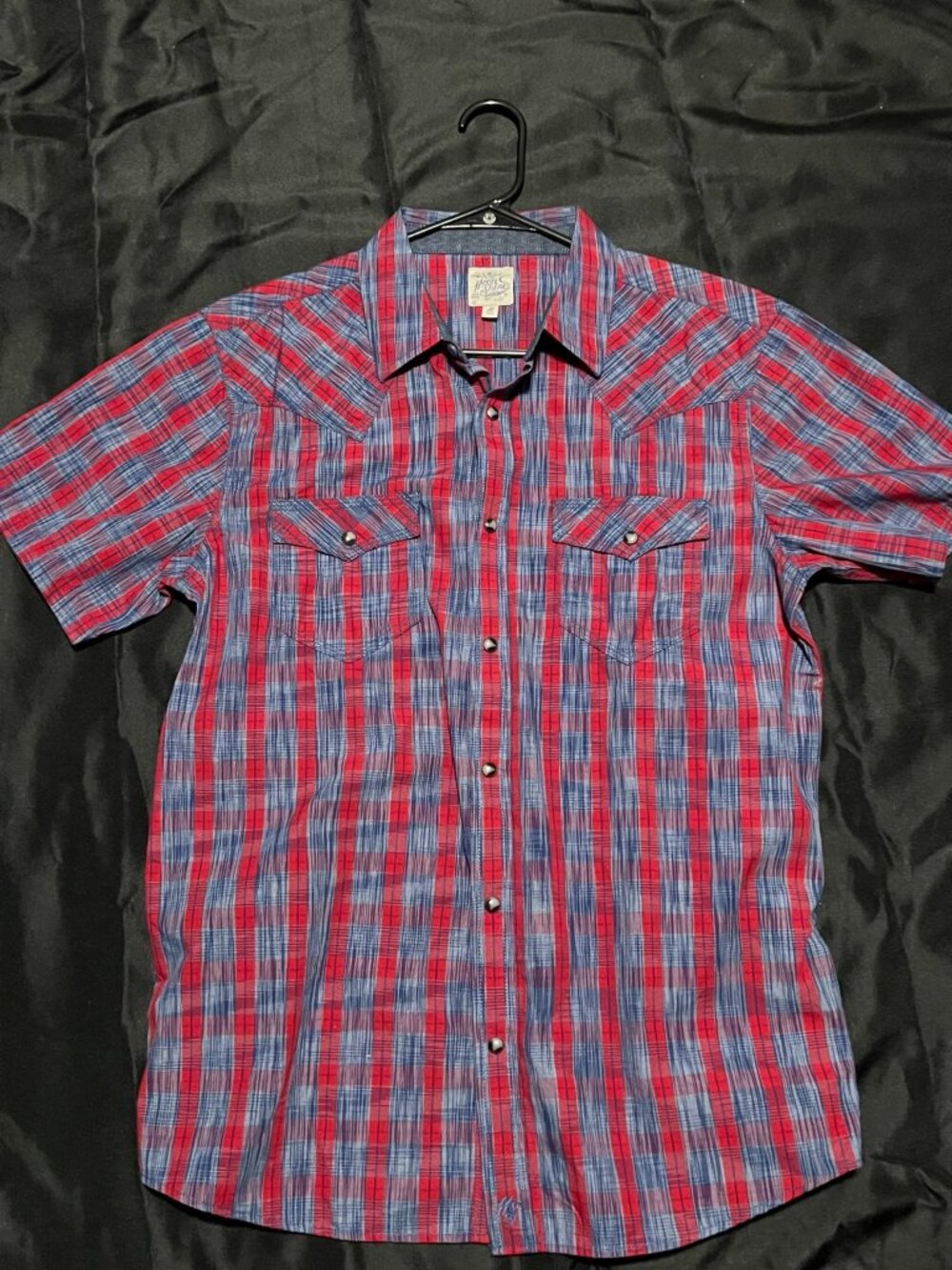 Moonshine Spirit Western Shirt Men’s Medium Red Blue Plaid Snap Button Up